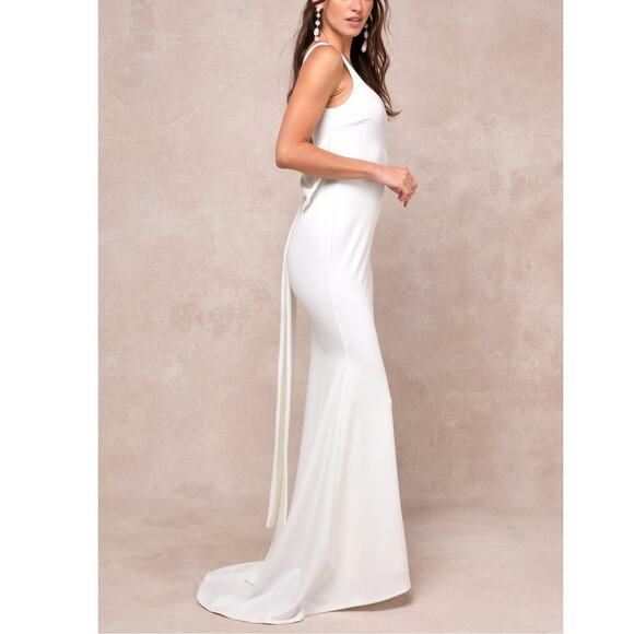 Lulus Bridal NWT Loving Fate White Bow Square Neck Backless Maxi Gown Dress XL - Picture 5 of 11